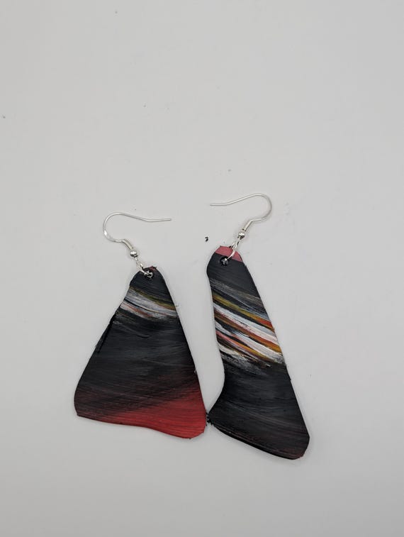 Hand-Painted Upcycled Vinyl Record Earrings: Abstract Art, Silver Hooks