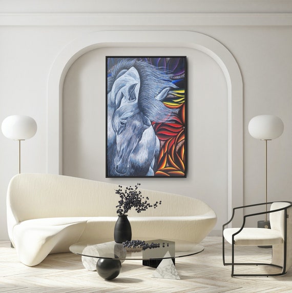 Feather- 60x40 Inch Original Abstract Expressionist Horse Painting Framed and Ready to Hang - Free Shipping