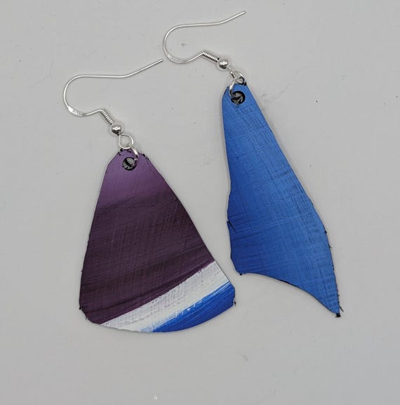 Handmade Painted Upcycled Vinyl Record Album Earrings Abstract Art Silver Hook