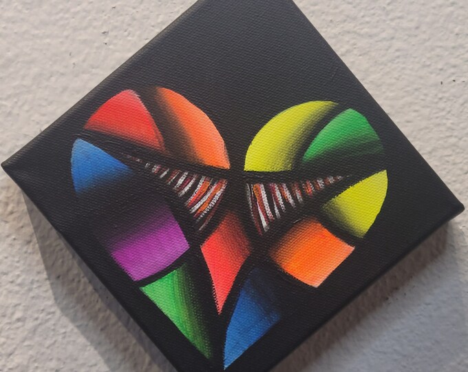 Original Hand Painted Colorful Art Deco Pop Art Heart Design UV Activated 6x6 Inch Rainbow Colored Acrylic Painting