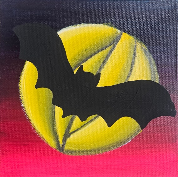 Bat Silhouette on a Yellow Moon Original Painting 6x6 inch Canvas Halloween Home Deco Wall Art Ombre Background Magenta Teal Turquoise