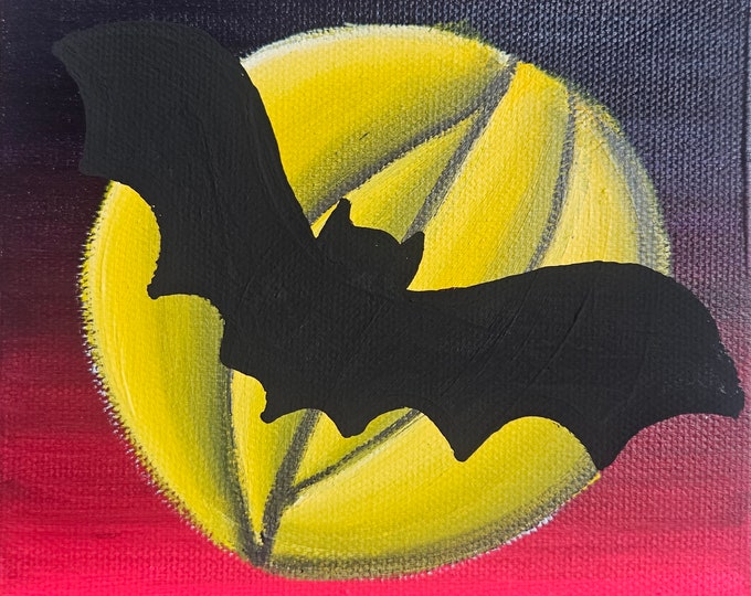 Bat Silhouette on a Yellow Moon Original Painting 6x6 inch Canvas Halloween Home Deco Wall Art Ombre Background Magenta Teal Turquoise
