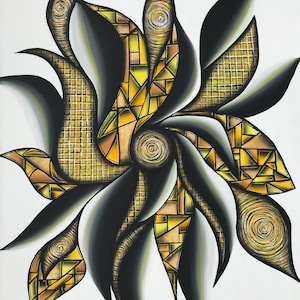 Puede incluir: Pintura abstracta de una flor estilizada con formas y patrones geométricos negros y dorados.