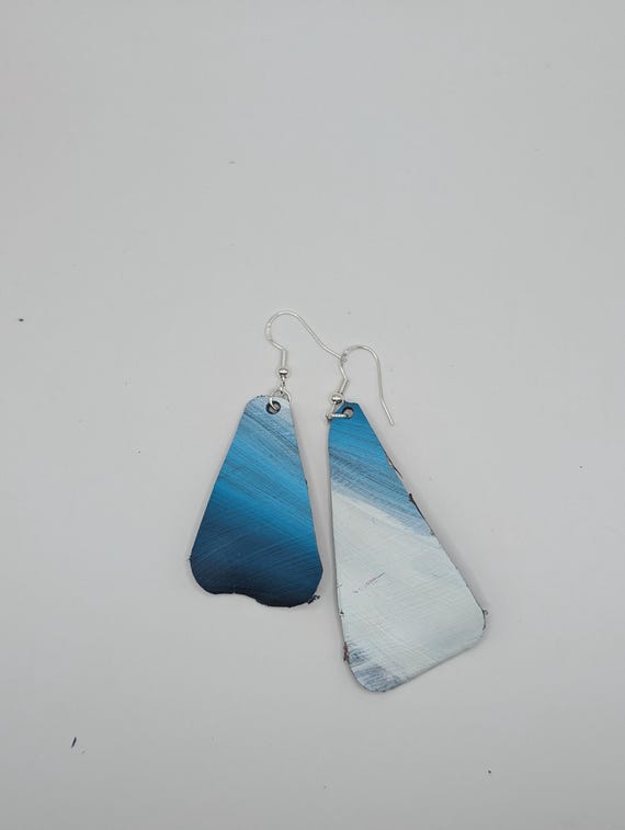 Hand-Painted Upcycled Vinyl Record Earrings: Abstract Blue Gradient Art