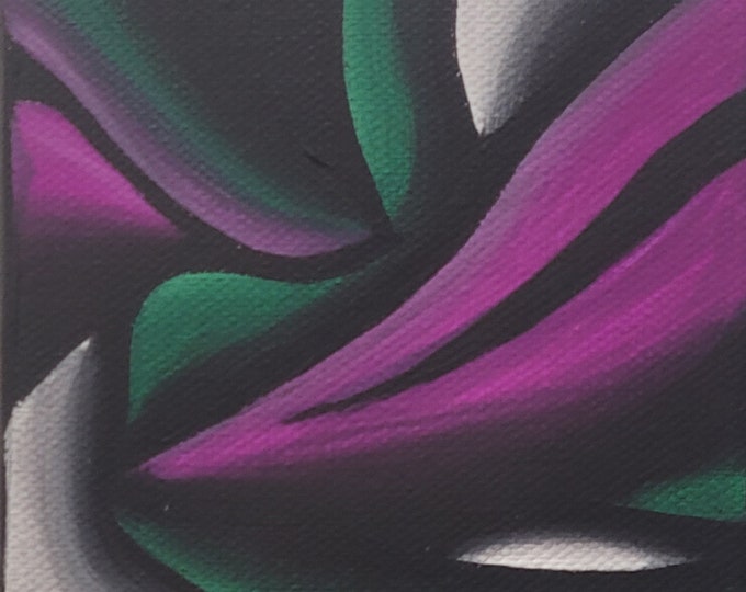 Original Hand Painted Colorful Abstract Free Flow Painting UV Activated on 4x4 Inch Canvas Florescent Purple with Green