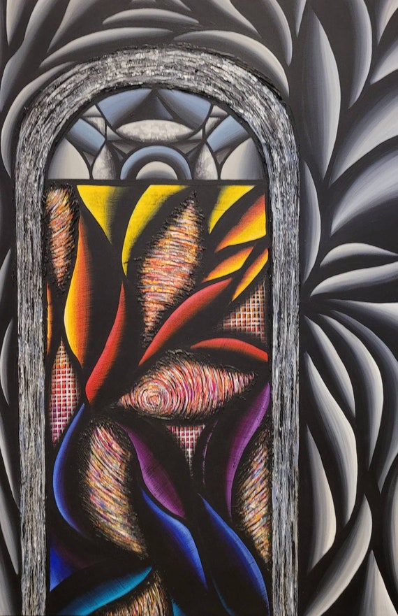 The Other Side - Original Acrylic and Metal Leaf Painting on 36x24 Inch Wood Panel | Fluorescent UV Activated Art