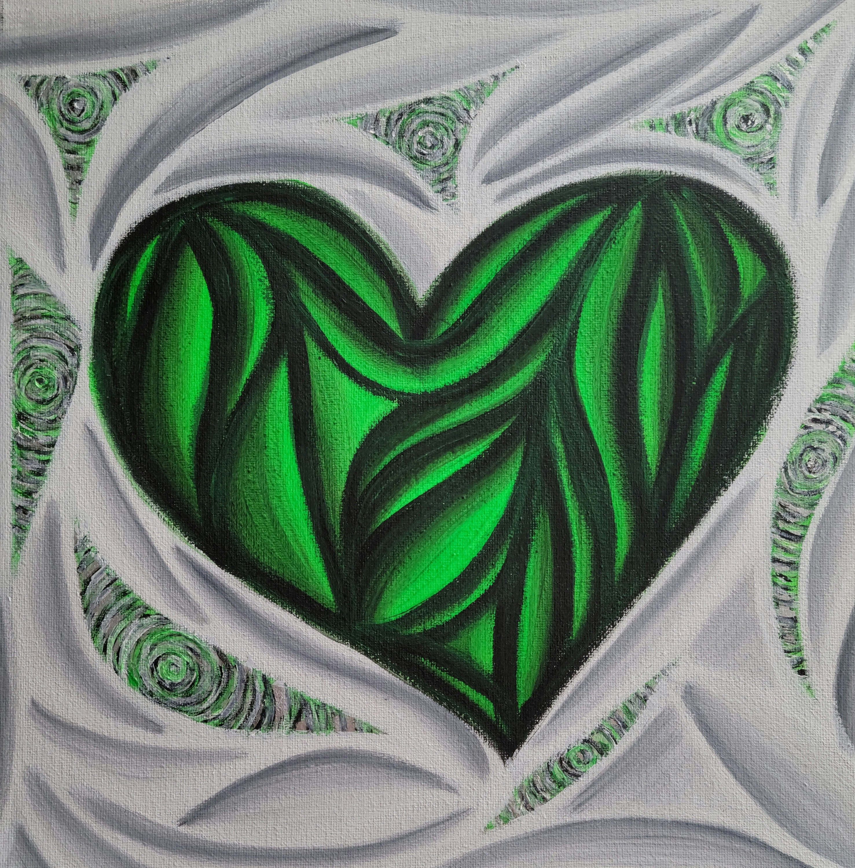 Original Hand Painted Colorful Green Heart Pop Art Acrylic Painting 12x12  Inch Canvas Neon Green Black White