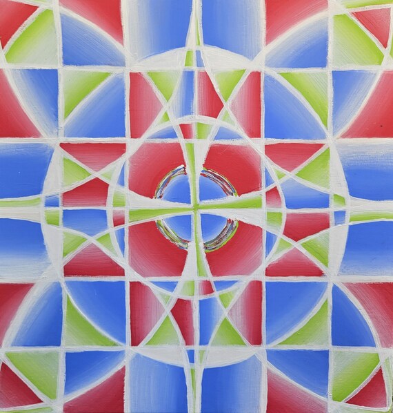 Boldly Colored Light Art Deco Geometric Kaleidoscope Design - Maximalist Abstract Expressionist Acrylic on 12x12 Wood Panel by Bex Nikols