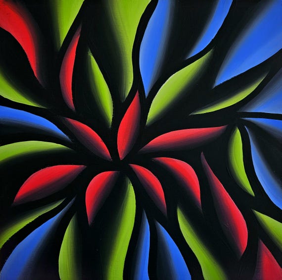 Boldly Colored Dark Sinewy Design - Maximalist Abstract Expressionist Acrylic on 12x12 Wood Panel by Bex Nikols