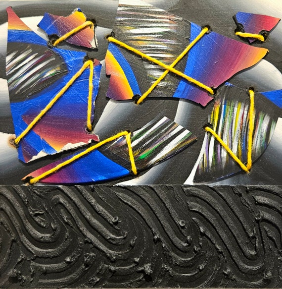 Original Hand-Painted Abstract "Broken Records" –Sight of Sound Collection on 8x8 Inch Wood Panel, Upcycled Vinyl Albums & UV Activated Art