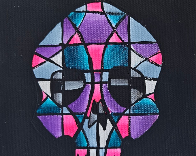 Art Deco Colorful Original Skull Painting 6x6 inch Canvas Halloween Home Deco Wall Art Matte Black Background Magenta Teal Turquoise