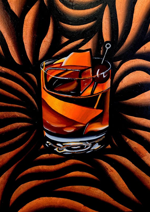 Old Fashioned Whiskey Cocktail Original Acrylic Painting on 18x24 Inch Canvas