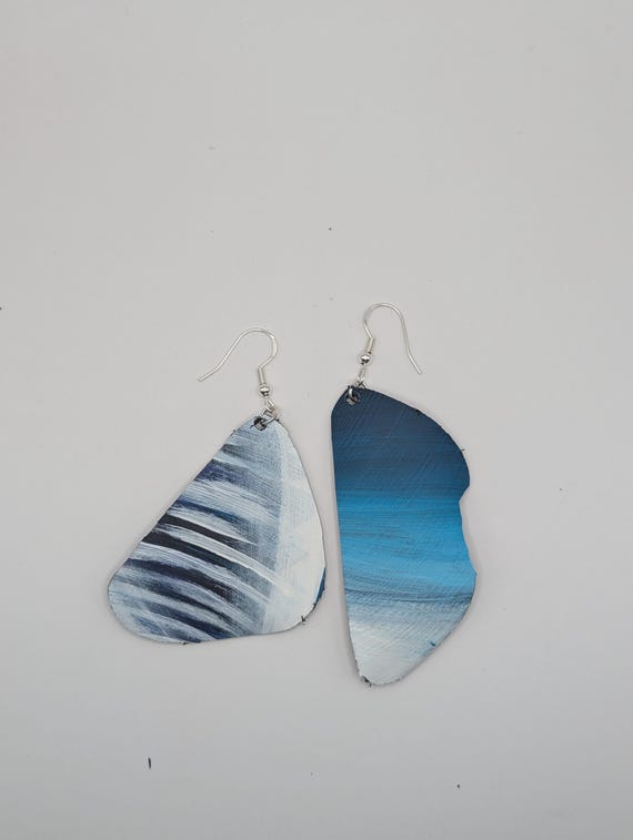 Hand-Painted Upcycled Vinyl Record Earrings: Abstract Blue Gradient Art