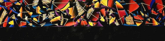 Hand-Painted Abstract Vinyl Record Art: UV Reactive Wood Panel (12x48)
