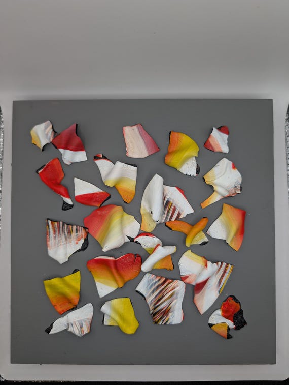 Original Hand-Painted Abstract "Colorful Painted Broken Records" – Sight of Sound Collection on 8x8 Inch Wood Panel, Upcycled Vinyl Albums