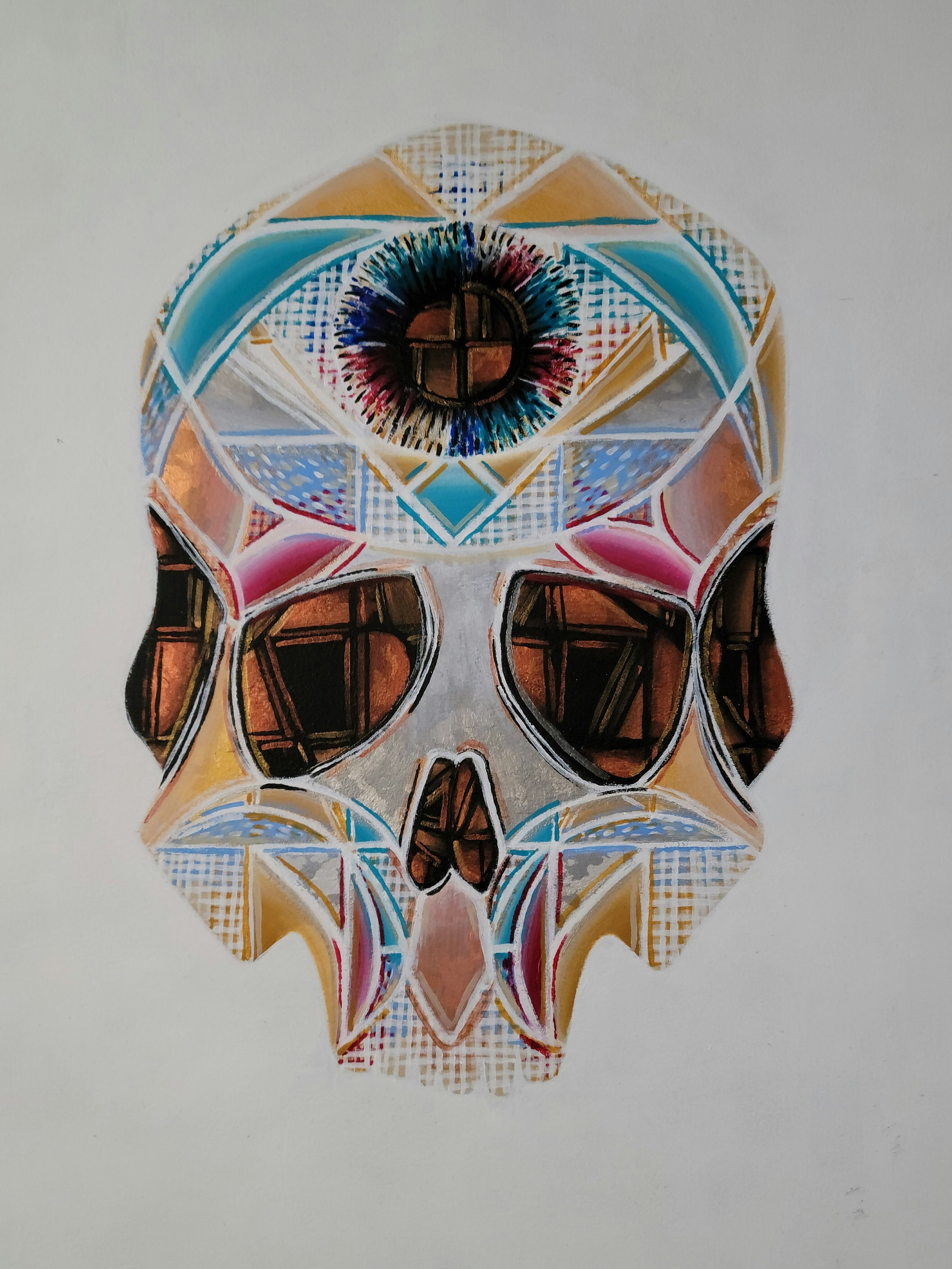 Art Deco Skull colorful acrylic painting on 14x17 inch paper