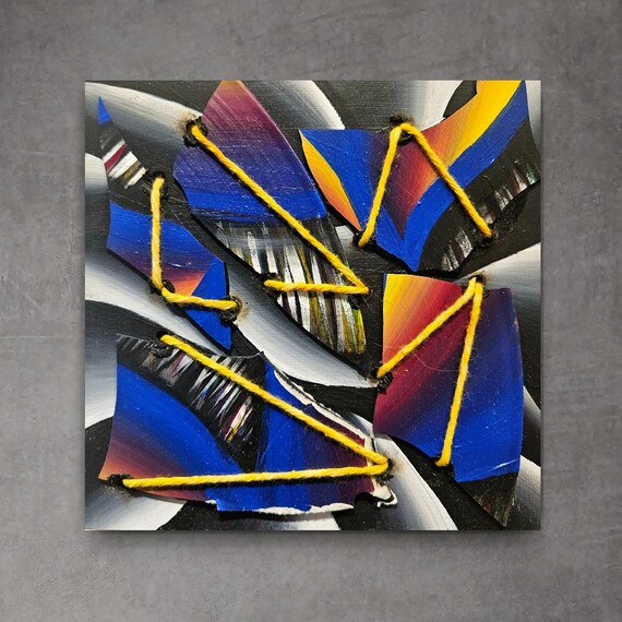 Original Hand Painted Abstract Broken Records On 6x6 Inch Wood Panel Upcycled Vinyl Albums UV Activated