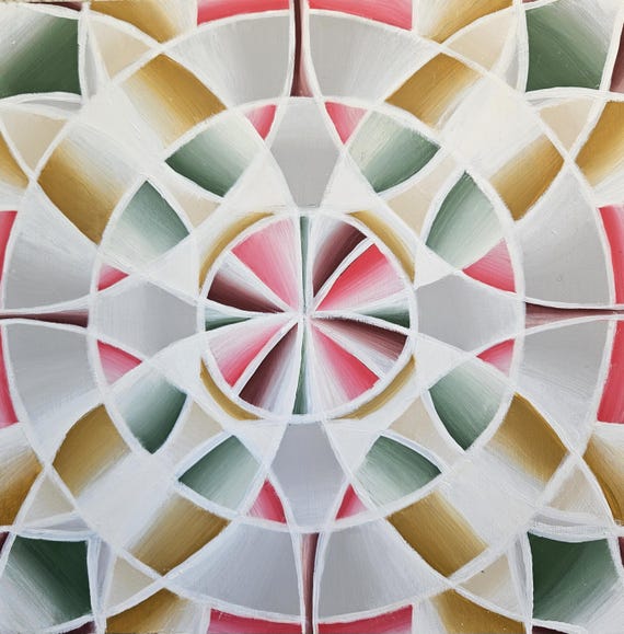 Boldly Colored Light Art Deco Geometric Kaleidoscope Design - Maximalist Abstract Expressionist Acrylic on 12x12 Wood Panel by Bex Nikols