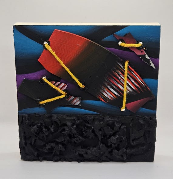 Original Hand Painted Abstract Broken Records On 6x6 Inch Wood Panel Upcycled Vinyl Albums UV Activated