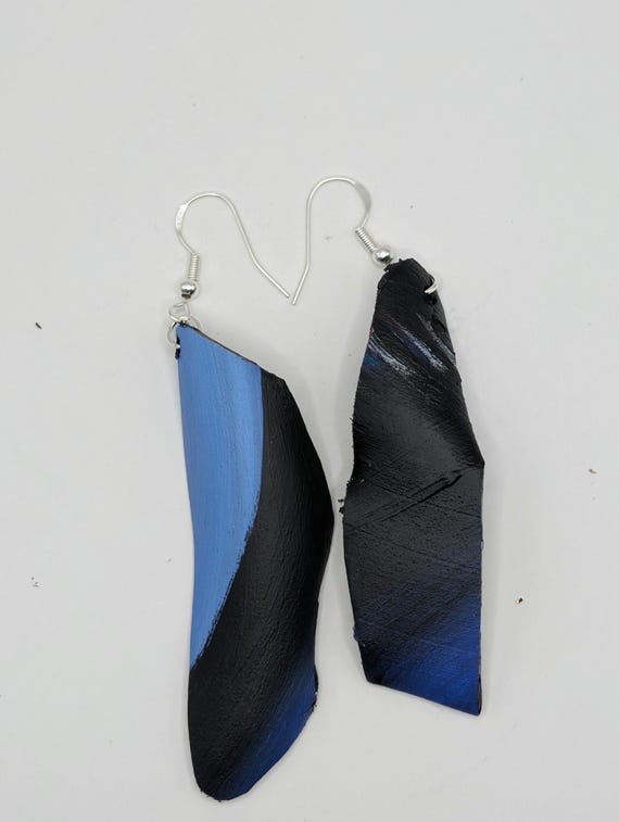 Hand-Painted Upcycled Vinyl Record Earrings: Abstract Blue Black Gradient Art