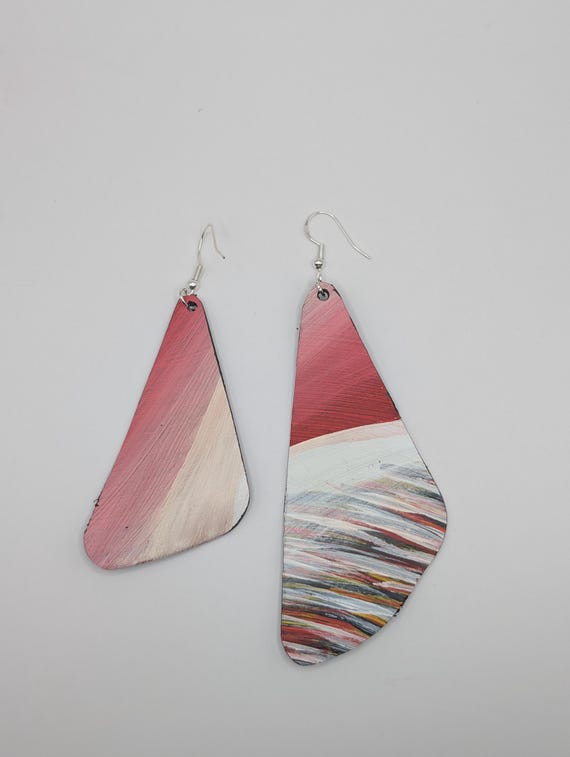 Hand-Painted Upcycled Vinyl Record Earrings: Abstract Red Gradient Art, Silver Hooks