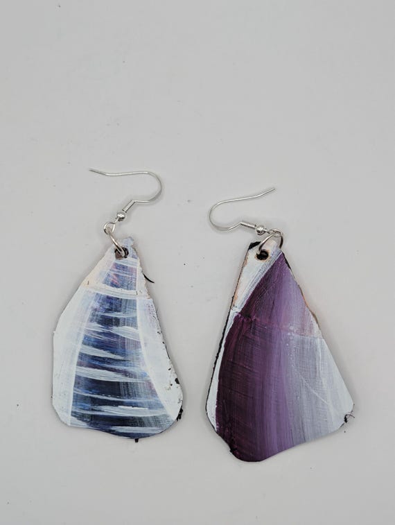 Hand-Painted Upcycled Vinyl Record Earrings: Abstract Art, Silver Hooks