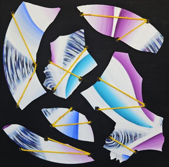 Original Hand-Painted Abstract "Broken Records" on 12x12 Inch Wood Panel – Upcycled Vinyl Albums & UV Activated Art by Bex Nikols