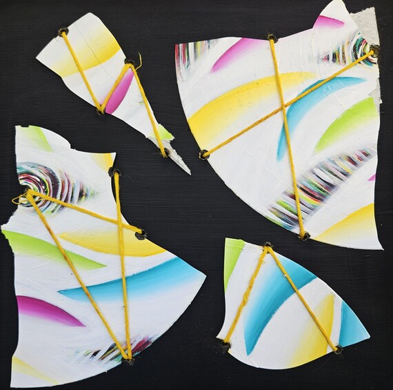 Original Hand-Painted Abstract "Broken Records" on 12x12 Inch Wood Panel – Upcycled Vinyl Albums & UV Activated Art by Bex Nikols