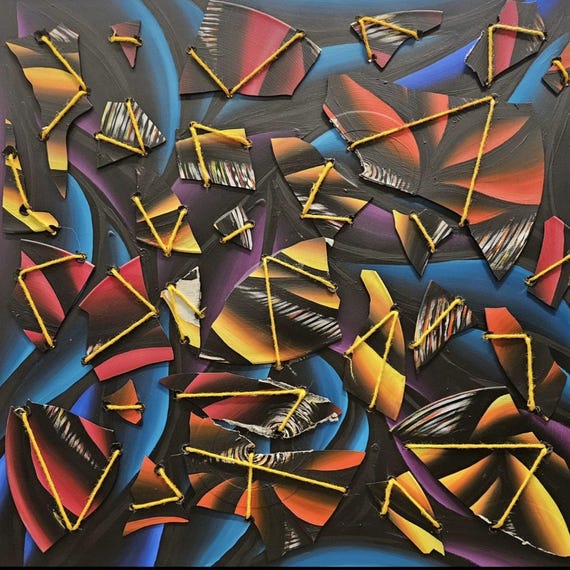 Original Hand-Painted Abstract "Broken Records" on 20x20 Inch Wood Panel – Upcycled Vinyl Albums Original Art by Bex Nikols