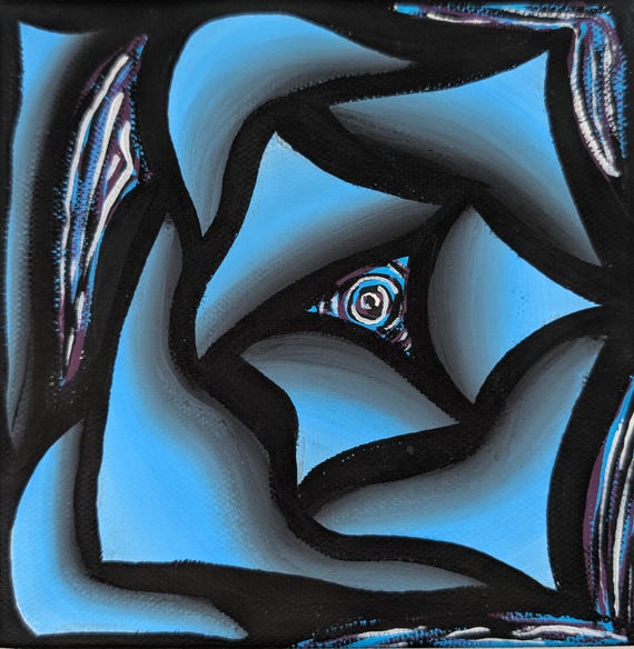 Colorful Sinewy Abstract Expressionist Design Blue Rose Original Mini Painting on 6x6 Inch Canvas