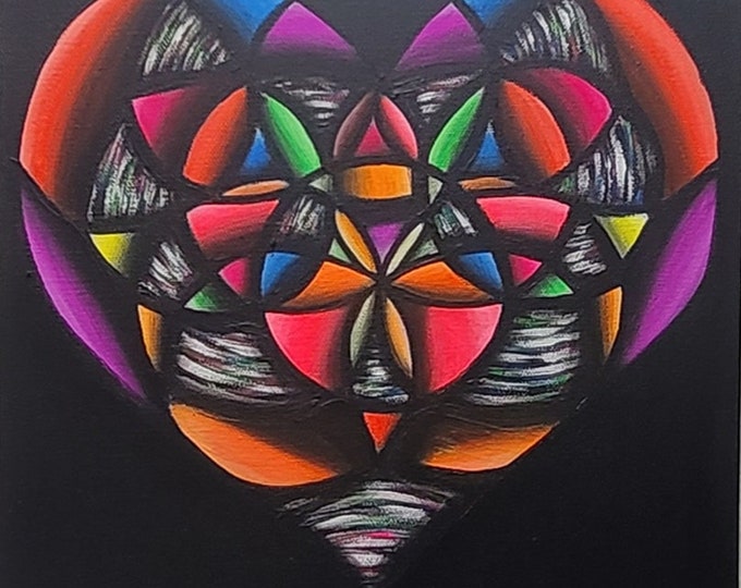 Original Hand Painted Colorful Art Deco Pop Art Heart Design UV Activated 12x12 Inch Acrylic Painting