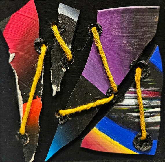 Original Hand Painted Abstract Broken Records On 4x4 Inch Wood Panel Upcycled Vinyl Albums UV Activated