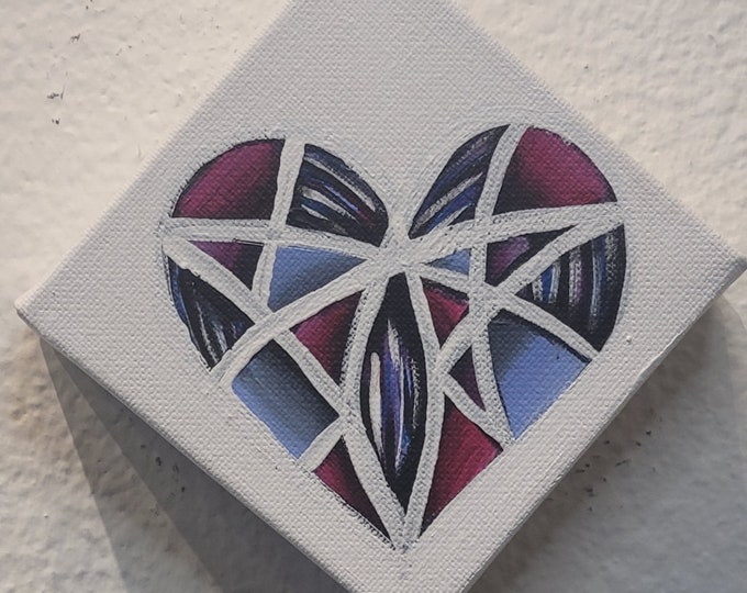 Original Hand Painted Colorful Art Deco Pop Art Heart Design UV Activated 4x4 Inch Acrylic Painting