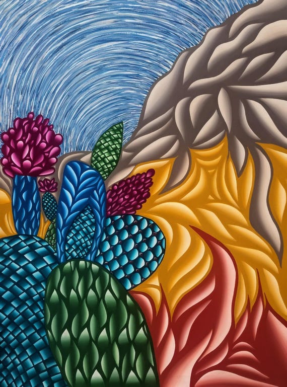 Cactus Flower Original Acrylic Painting on 30x40 Inch Canvas Surreal Desert Art