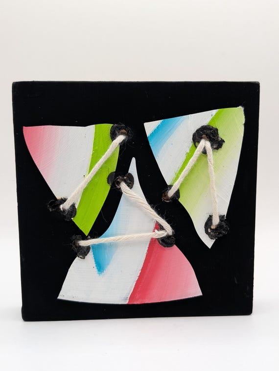 Upcycled Vinyl Record Art: Hand-Painted Abstract on Wood Panel (4x4 Inch)