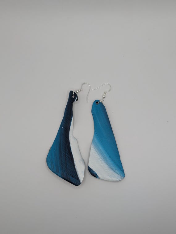 Hand-Painted Upcycled Vinyl Record Earrings: Abstract Teal and White Art, Silver Hooks