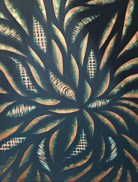 Deep Matte Green and Copper Sinewy Design with Variegated Copper Leafing | Maximalist Abstract Expressionist Acrylic Painting by Bex Nikols