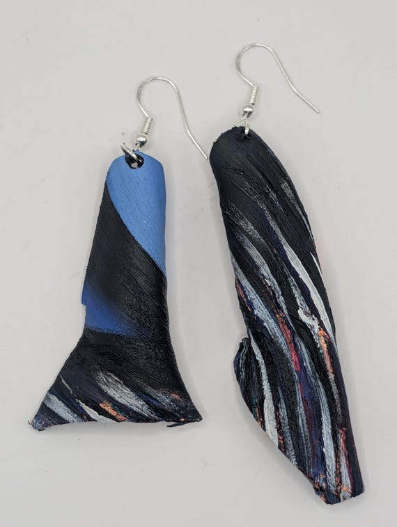Handmade Painted Upcycled Vinyl Record Album Earrings Abstract Art Silver Hook