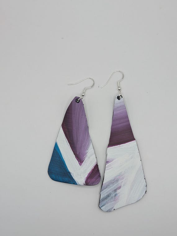Hand-Painted Upcycled Vinyl Record Earrings: Abstract Blue Purple Art, Silver Hooks