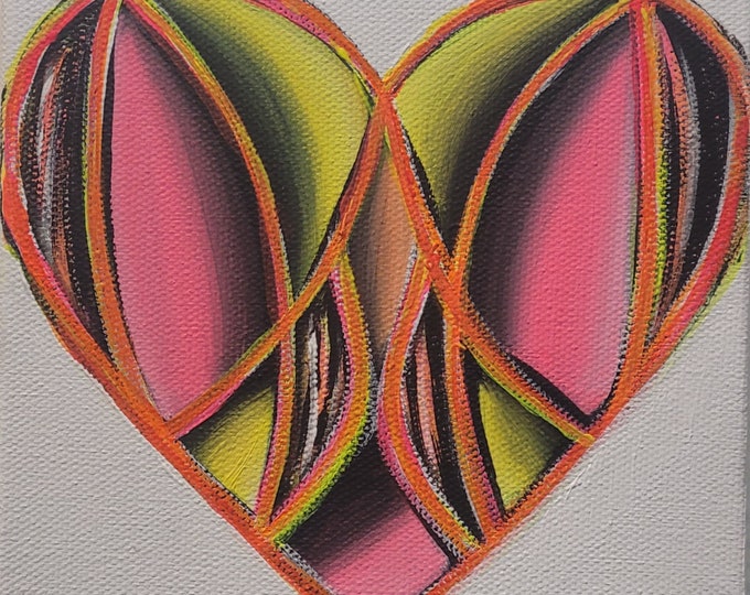 Original Hand Painted Colorful Art Deco Pop Art Heart UV Activated Acrylic Paint on 6x6 Inch Canvas