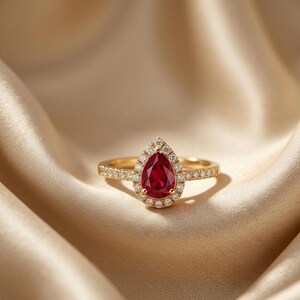 Pear Cut Ruby Engagement Ring, 925 Sterling Silver 14K Gold Plated Ring, Halo Promise Ring, July Birthstone Gift for Her