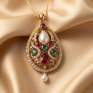 May include: A gold pendant necklace featuring a teardrop-shaped frame with intricate filigree metalwork. The design includes a central white pearl, deep red pear-cut stones, small green accent stones, and a border of clear pavé-set crystals.