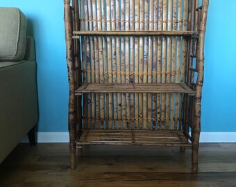 Vintage Tortoise shell Bamboo Rattan Folding Campaign Shelf. Floor Stand book case. 42.5" tall.