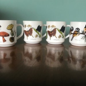 Lot of 4 Vintage Arcopal Milk Glass Mugs Carman France MUSHROOM BUTTERFLY CHICKADEE