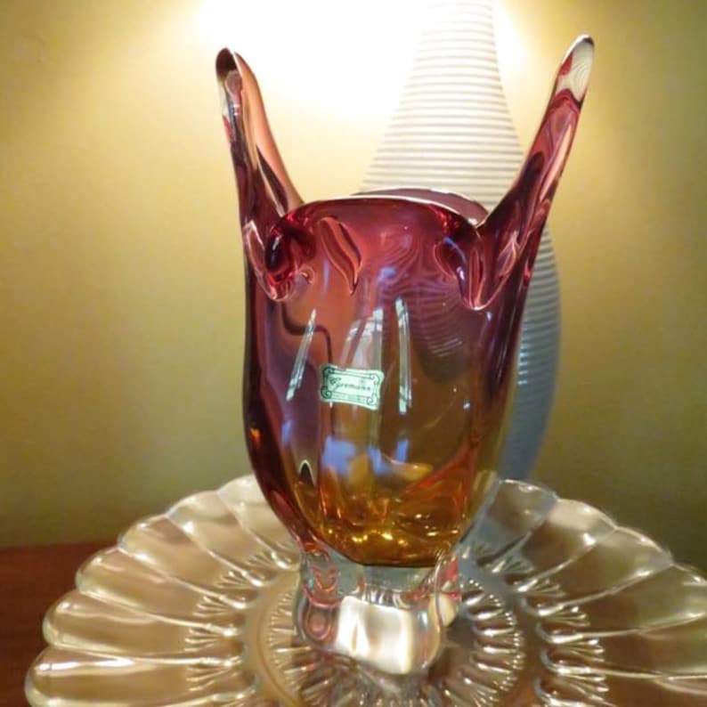 Vintage Czech Bohemian Egermann Glass OWL Vase. Amethyst Amber Hombre