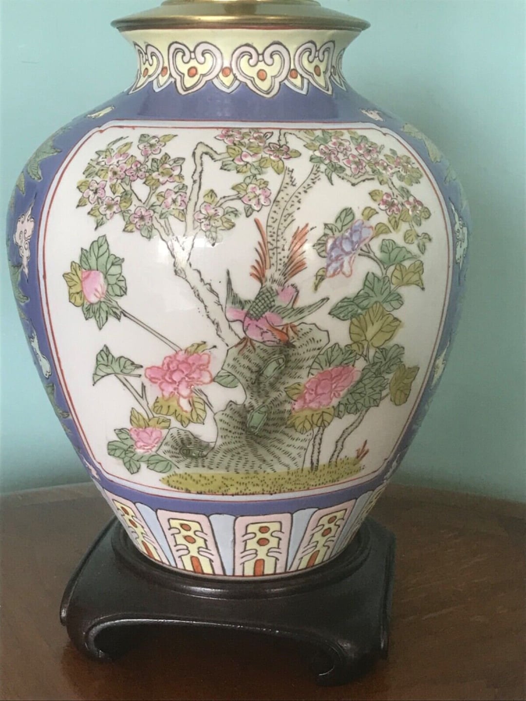Vintage Chinese Ginger Jar Lamp. Hand Painted Lotus Birds of Paradise