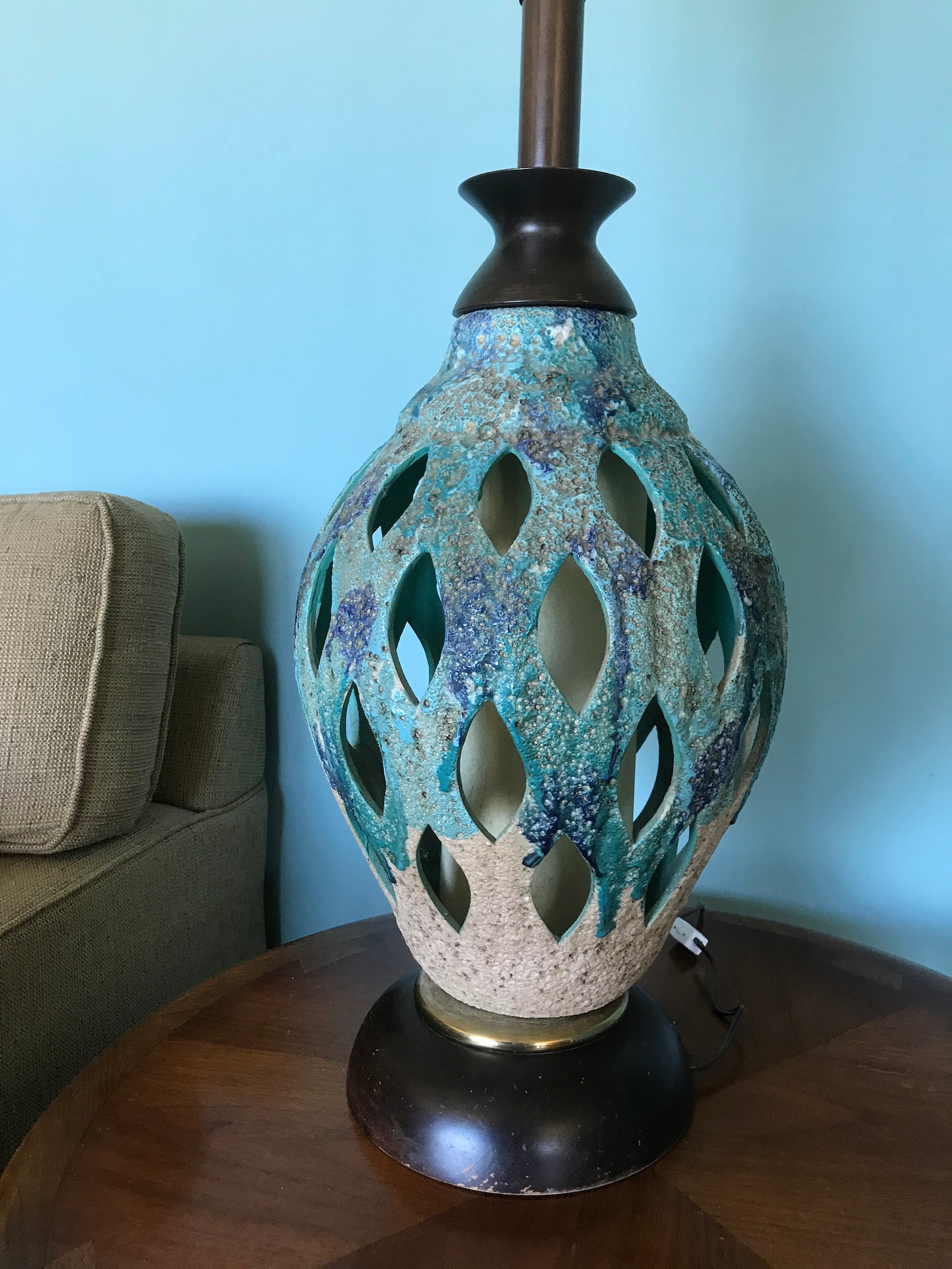 MCM Pierced Lava Drip Glaze Huge Table Lamp Lantern Aqua Etsy