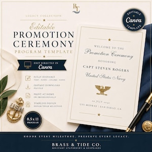 May include: An editable promotion ceremony programme template featuring navy blue and gold text on a cream background. The document includes the text "Promotion Ceremony," "Capt Steven Rogers," "United States Navy," and "20 July 2030," with a 21.59 x 27.94 cm size label.