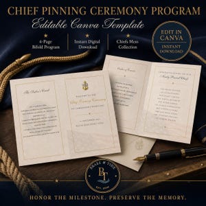 May include: A four-page bifold Chief Pinning Ceremony program template featuring cream-colored paper with gold text and a navy anchor emblem. The document includes sections for The Sailor's Creed, Order of Events, and a list of newly pinned chiefs.