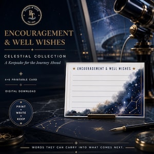 May include: A 10x15 cm printable card featuring a dark blue watercolour nebula design with gold constellation lines and stars. The card has the text "ENCOURAGEMENT & WELL WISHES" at the top and horizontal lines for writing. It is a digital download product.